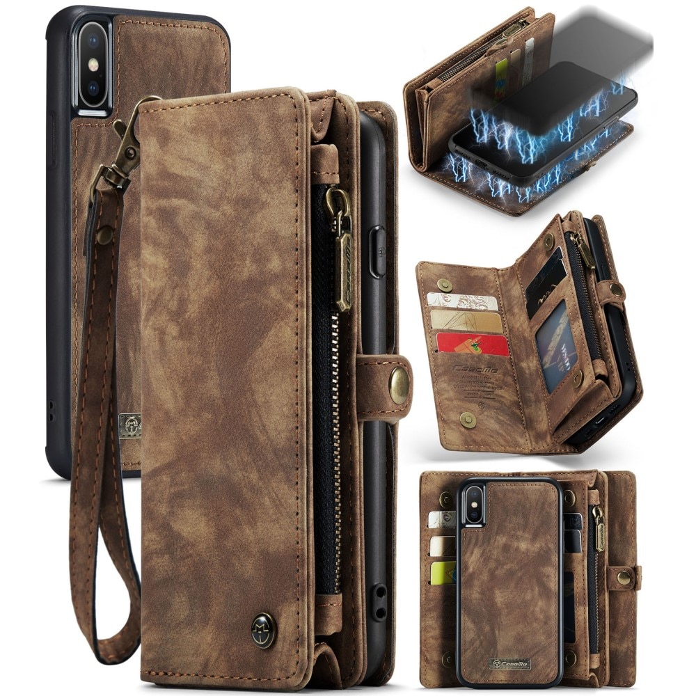 iPhone X/XS Rymligt plånboksfodral med många kortfack, brun