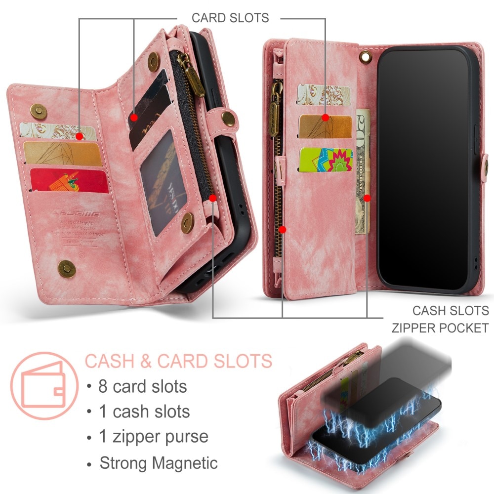 iPhone XR Rymligt plånboksfodral med många kortfack, rosa