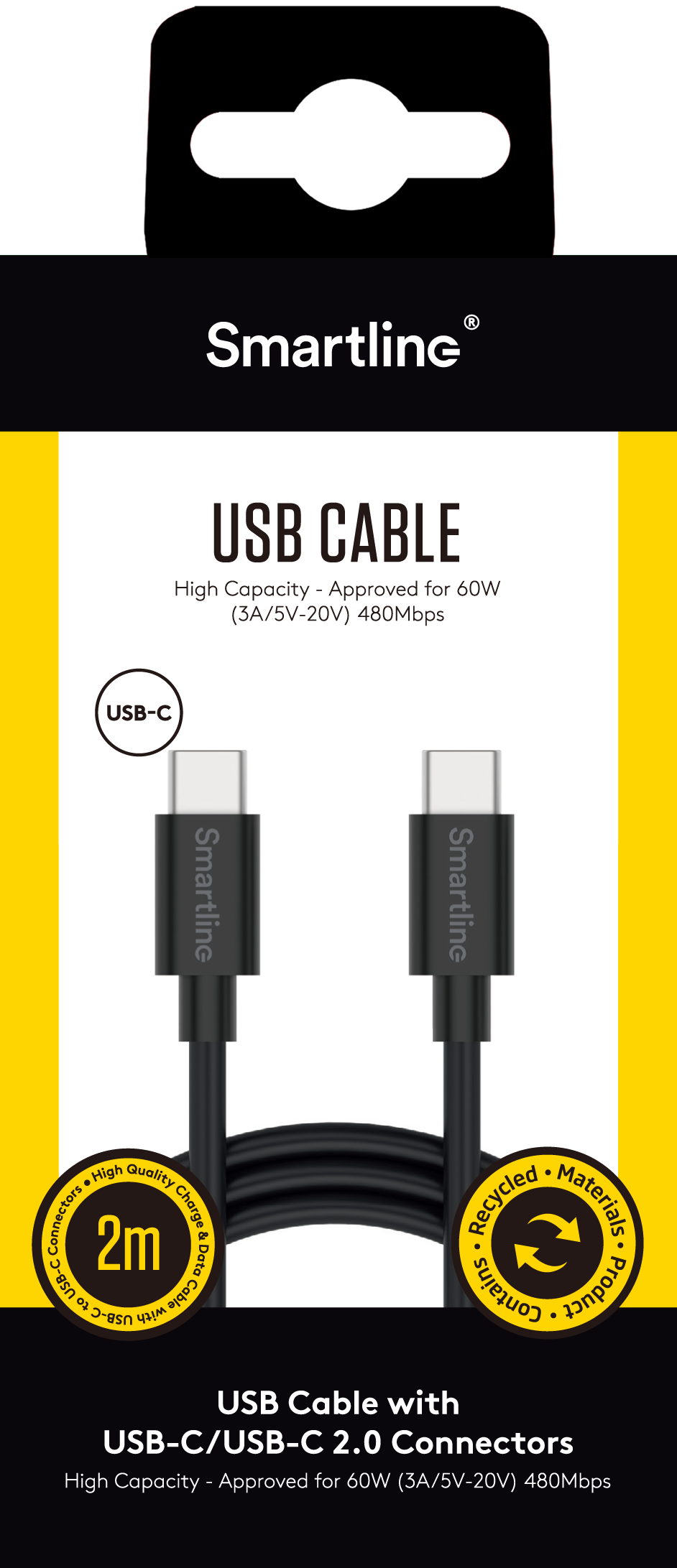 Laddningskabel 2m USB-C, svart