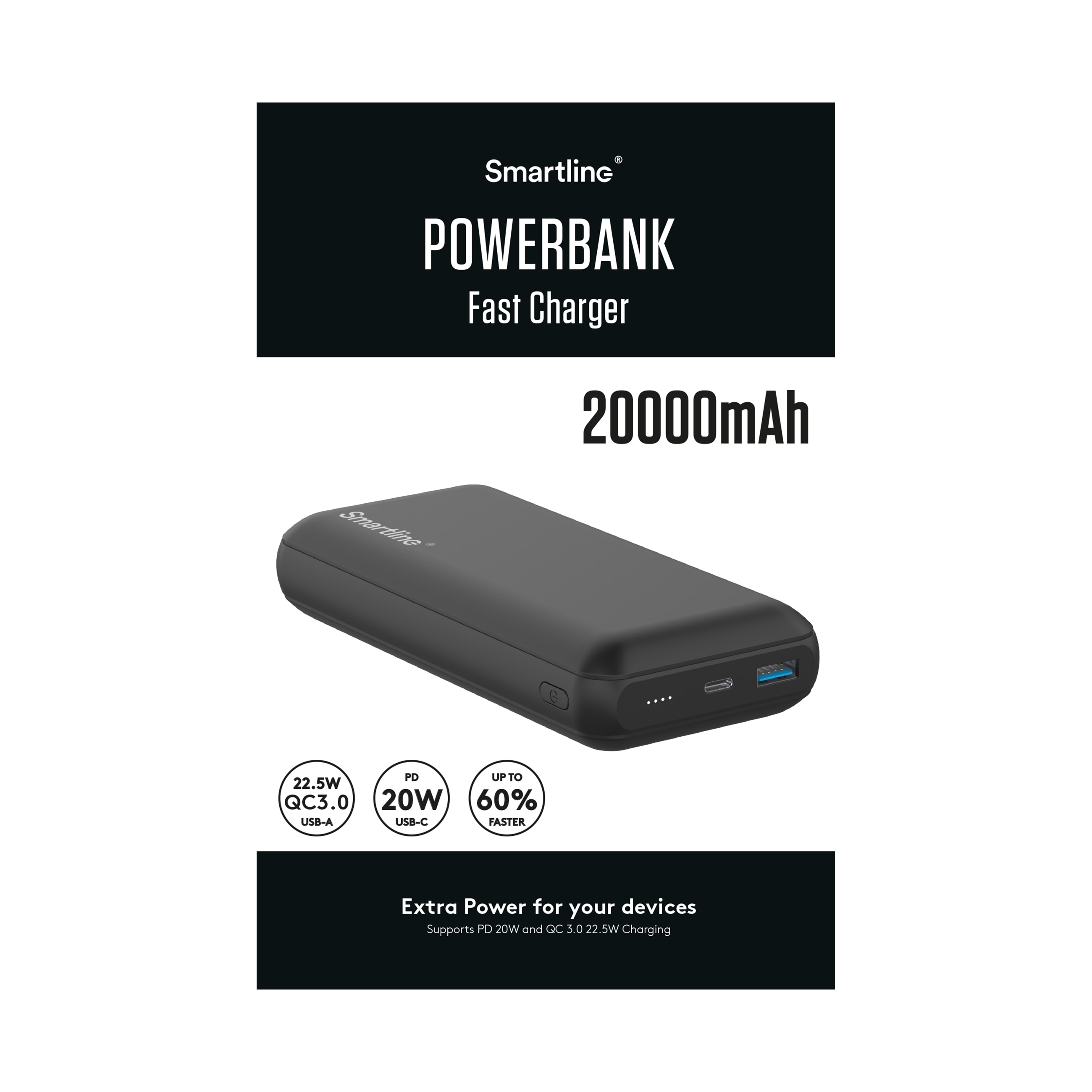 Powerbank 20000 mAh USB-A + USB-C PD, svart