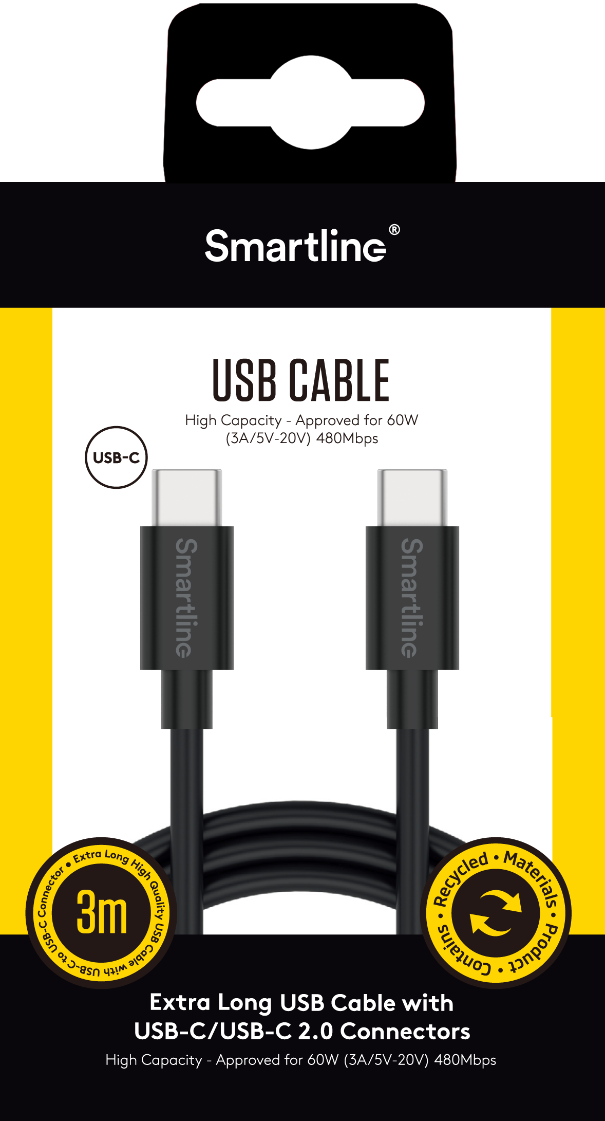 Laddningskabel 3m USB-C, svart