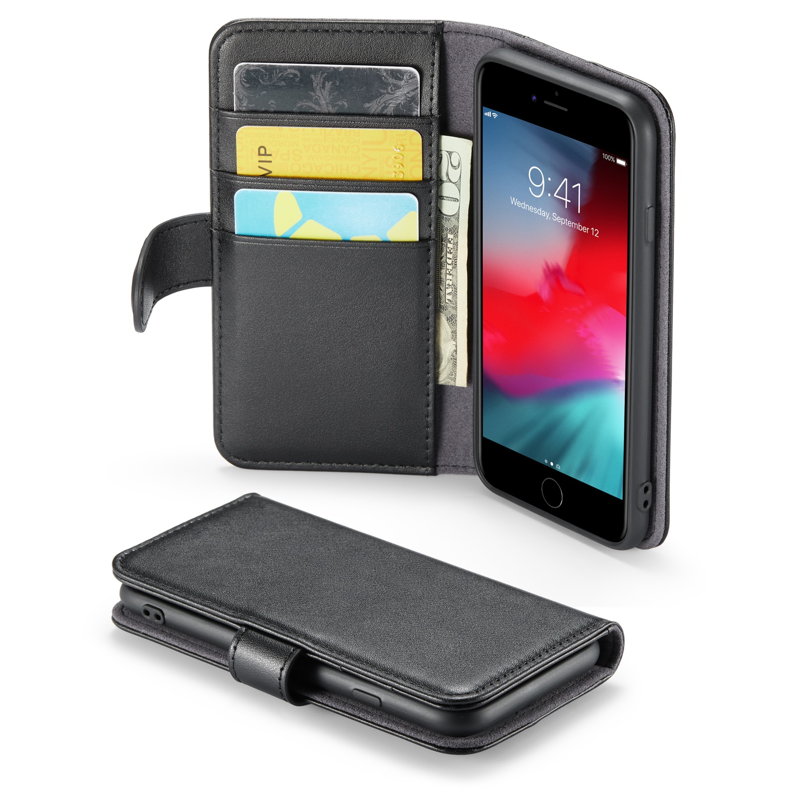 iPhone 7 Plånboksfodral i Äkta Läder, svart