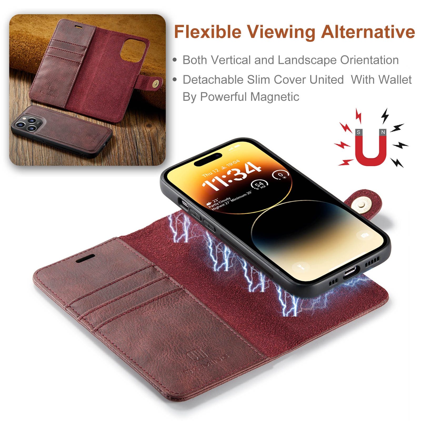 iPhone 14 Pro Max Plånboksfodral med avtagbart skal, röd
