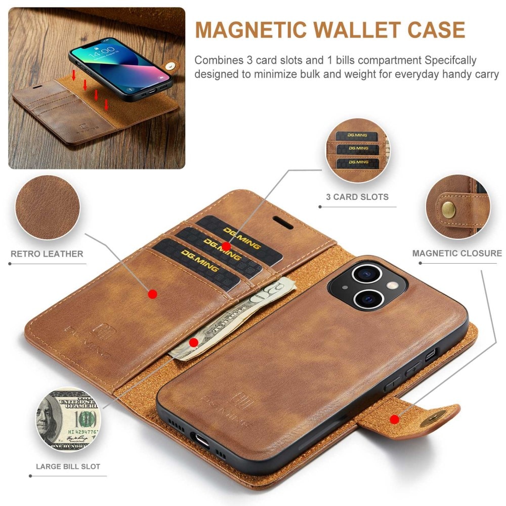 iPhone 14 Plånboksfodral med avtagbart skal, cognac