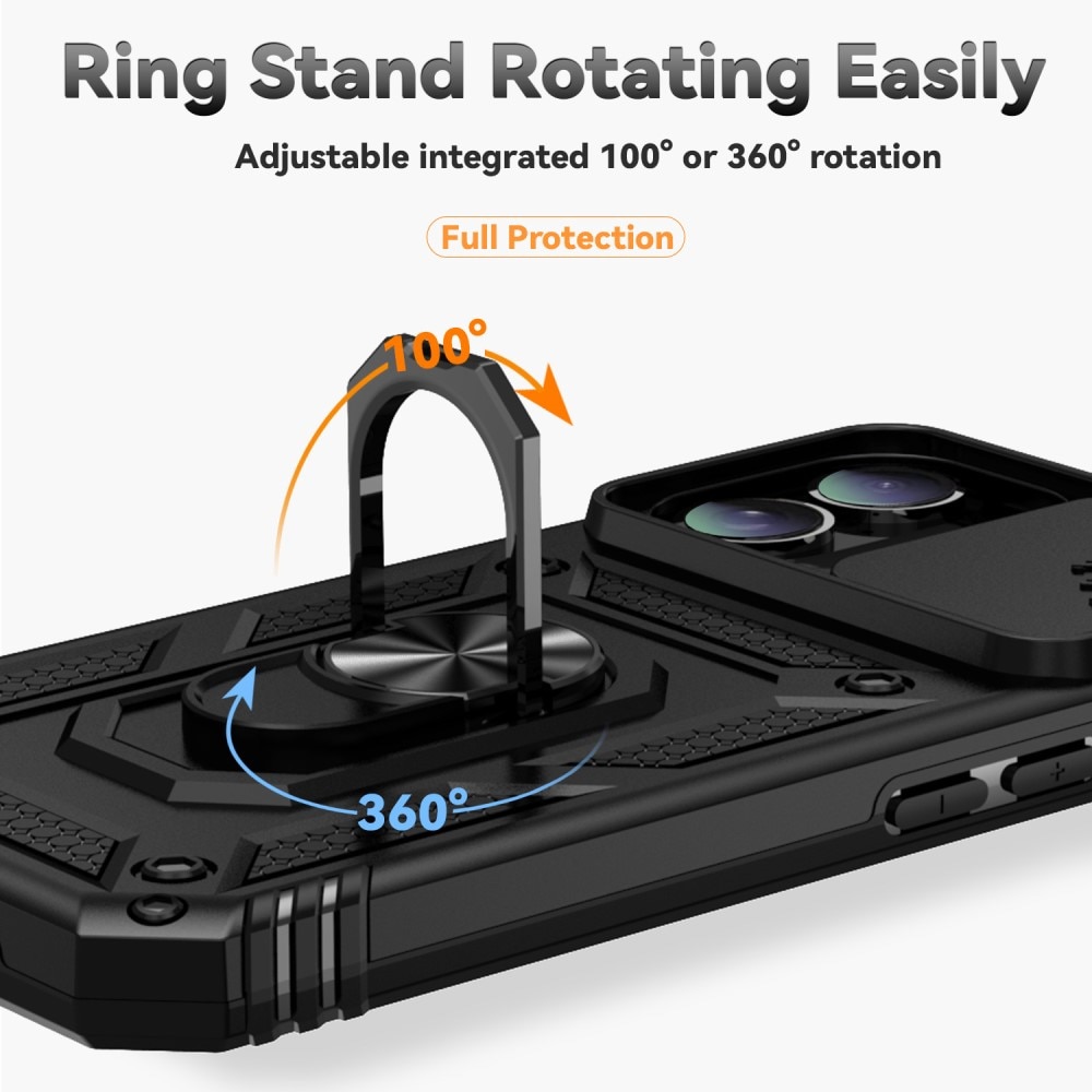 iPhone 16 Plus Skal med kameraskydd & fingerring, Svart