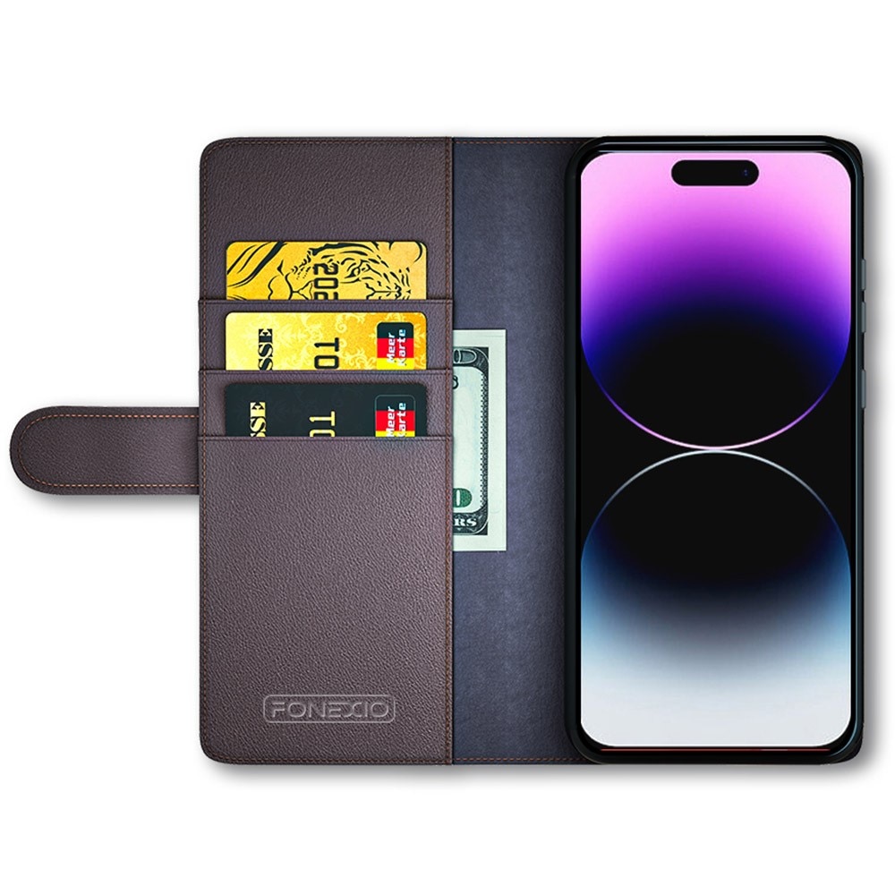 iPhone 15 Pro Plånboksfodral i Äkta Läder, brun