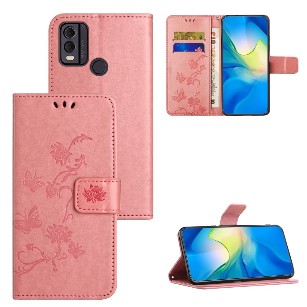 Nokia C32 Mobilfodral med fjärilar, rosa