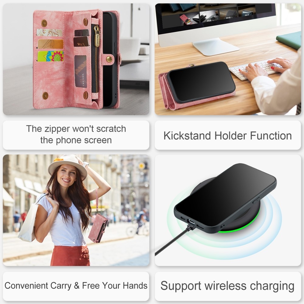 iPhone 15 Pro Rymligt plånboksfodral med många kortfack, rosa