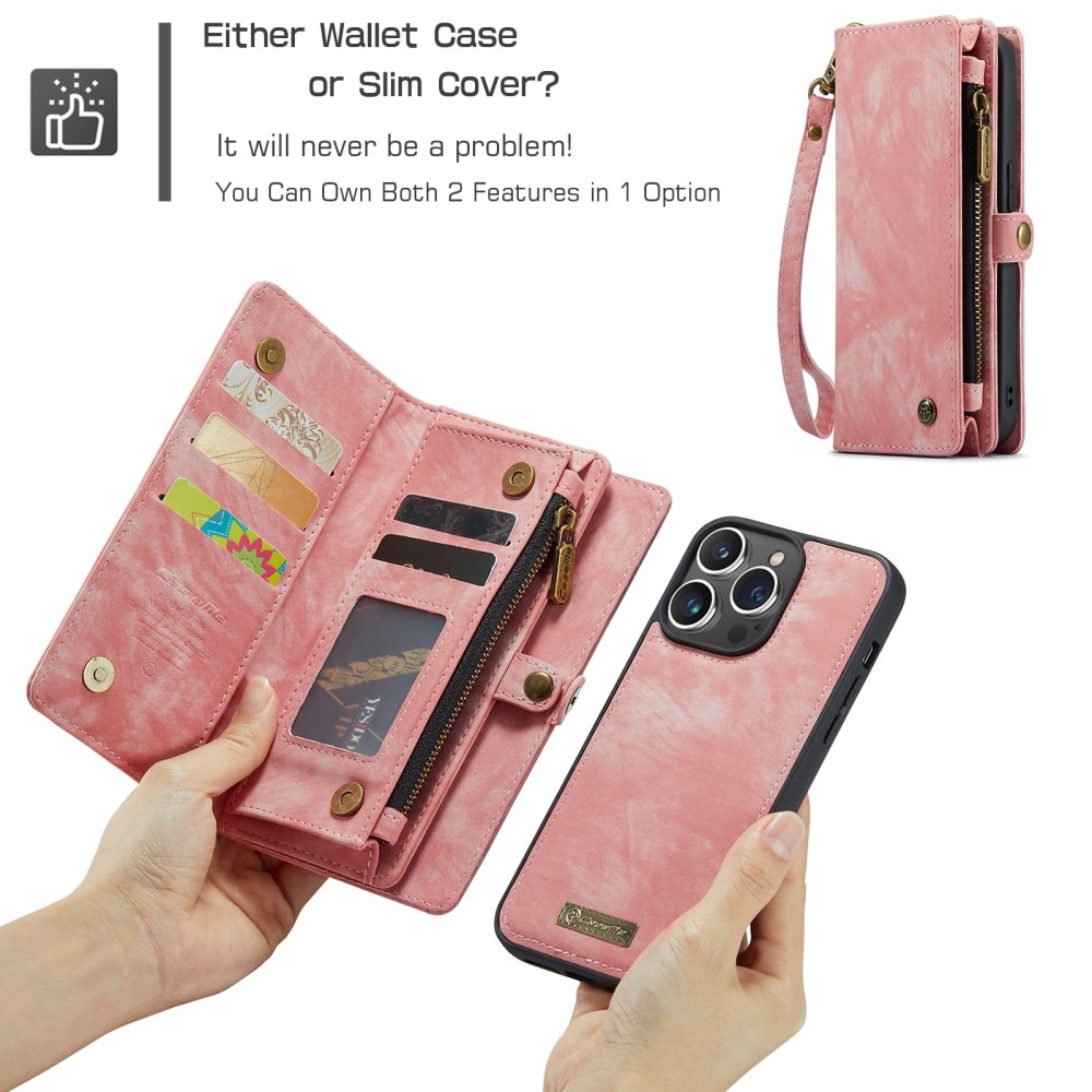 iPhone 15 Pro Rymligt plånboksfodral med många kortfack, rosa