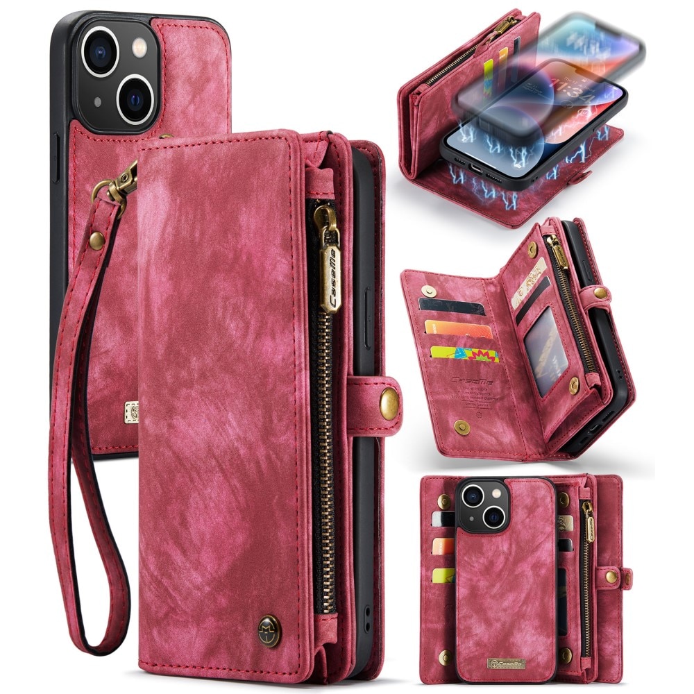 iPhone 15 Plus Rymligt plånboksfodral med många kortfack, röd