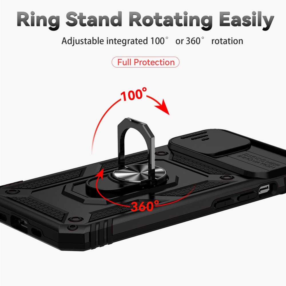 iPhone 15 Skal med kameraskydd & fingerring, Svart