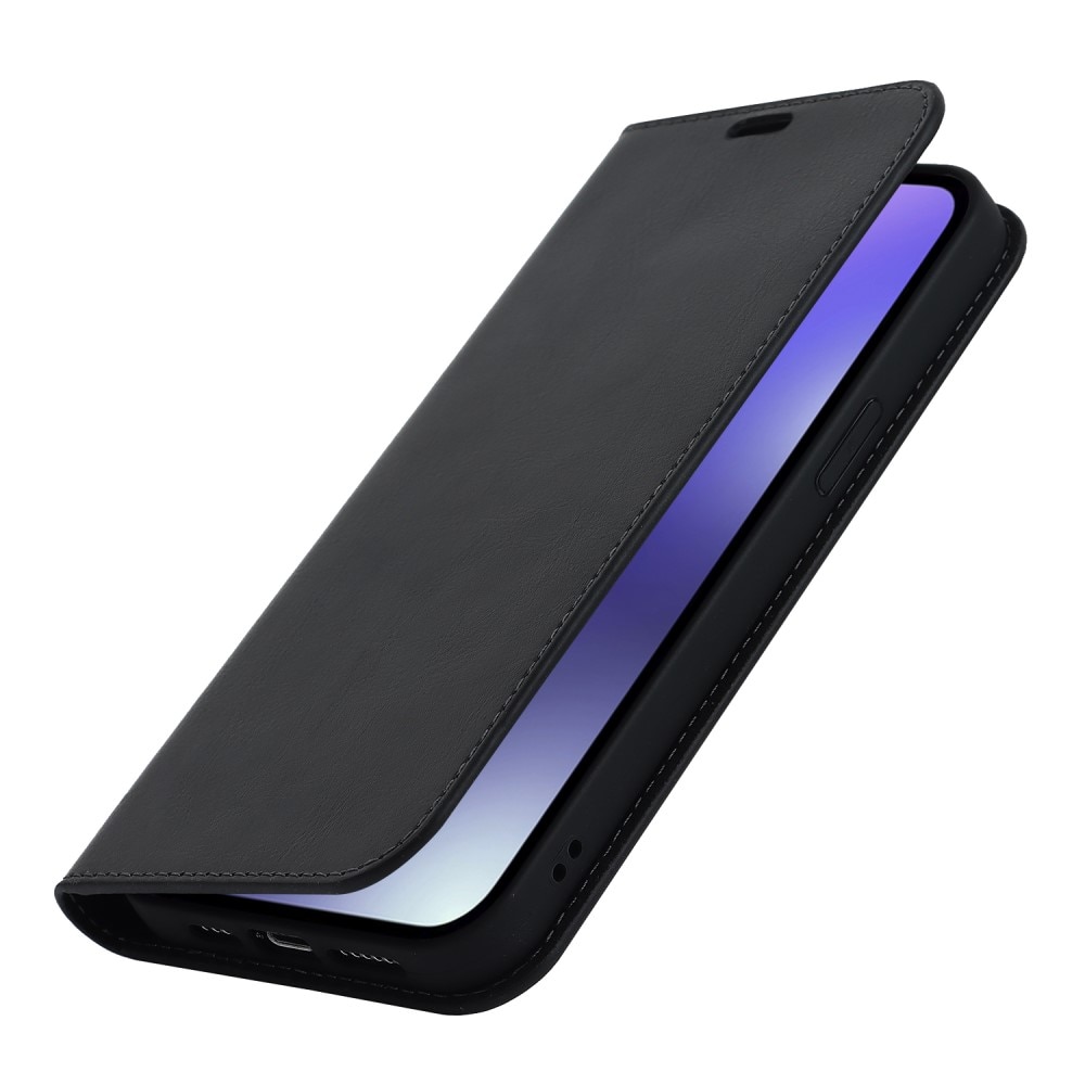 iPhone 15 Pro Smidigt mobilfodral i äkta läder, svart