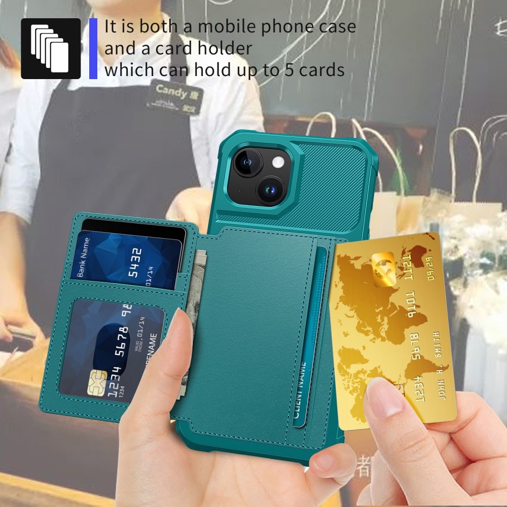 iPhone 15 Plus Stöttåligt Mobilskal med Plånbok, grön