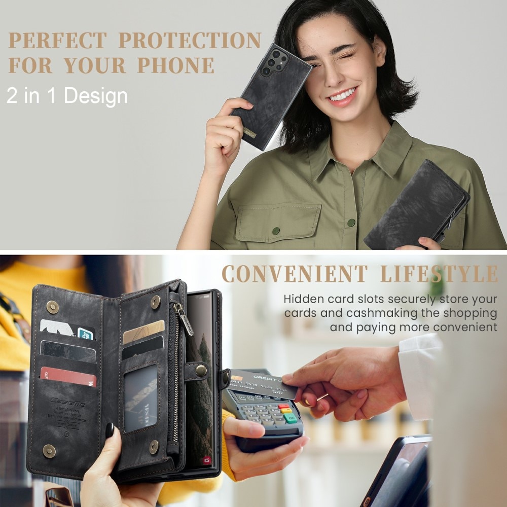 Samsung Galaxy S24 Ultra Rymligt plånboksfodral med många kortfack, grå