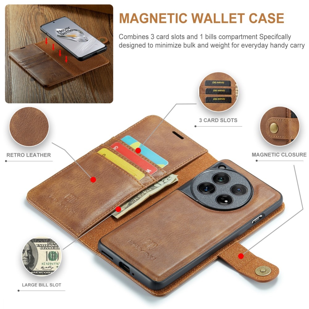OnePlus 12 Plånboksfodral med avtagbart skal, cognac