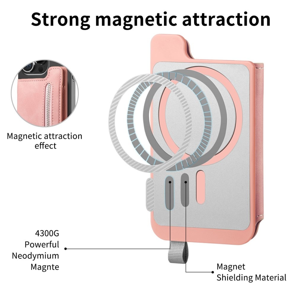 MagSafe Plånbok med dragkedja och ställ, rosa