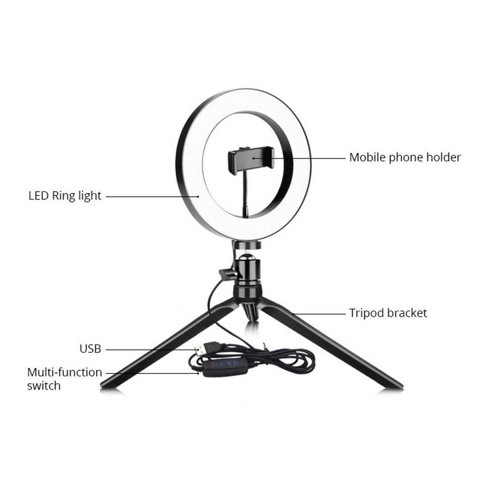 LED-ringljus med stativ, svart