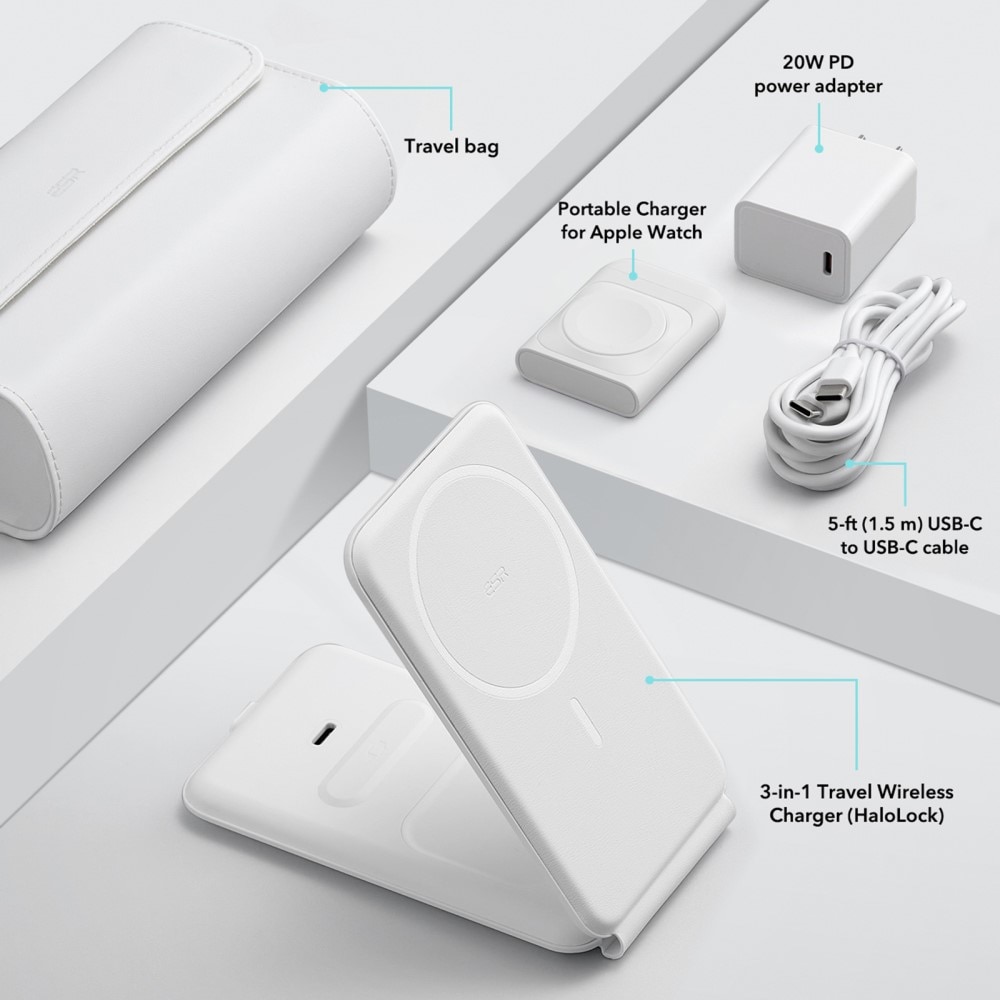 HaloLock Qi2 3-i-1 Trådlös Laddningsset med fodral, vit