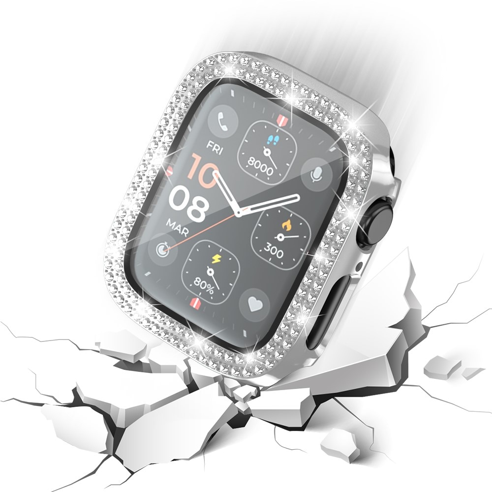 Apple Watch Series 4-6 40mm Heltäckande skal med inbyggt skärmskydd och stenar, silver