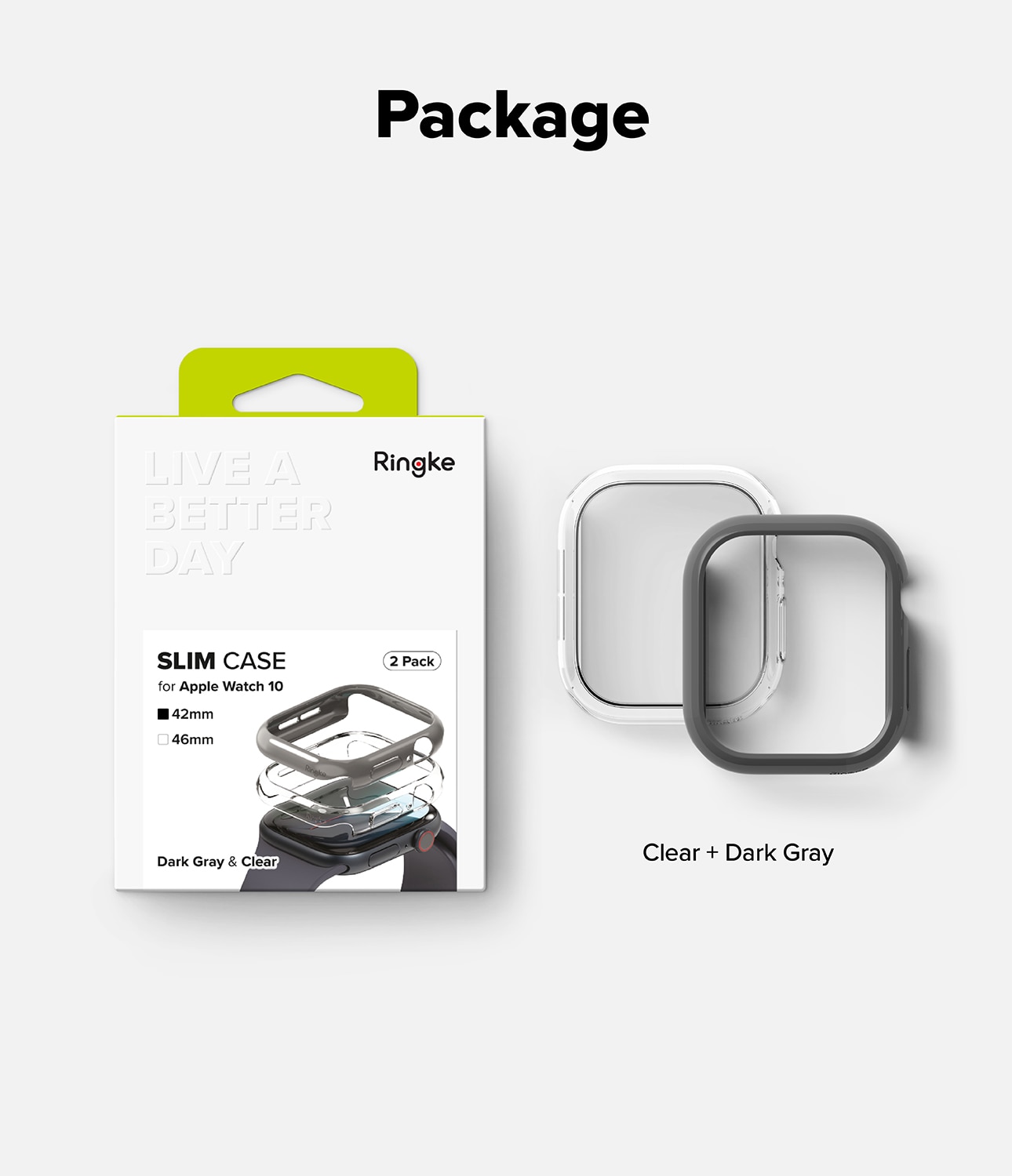 Apple Watch Series 10 42mm Tunt skal (2-pack), mörkgrå & genomskinlig