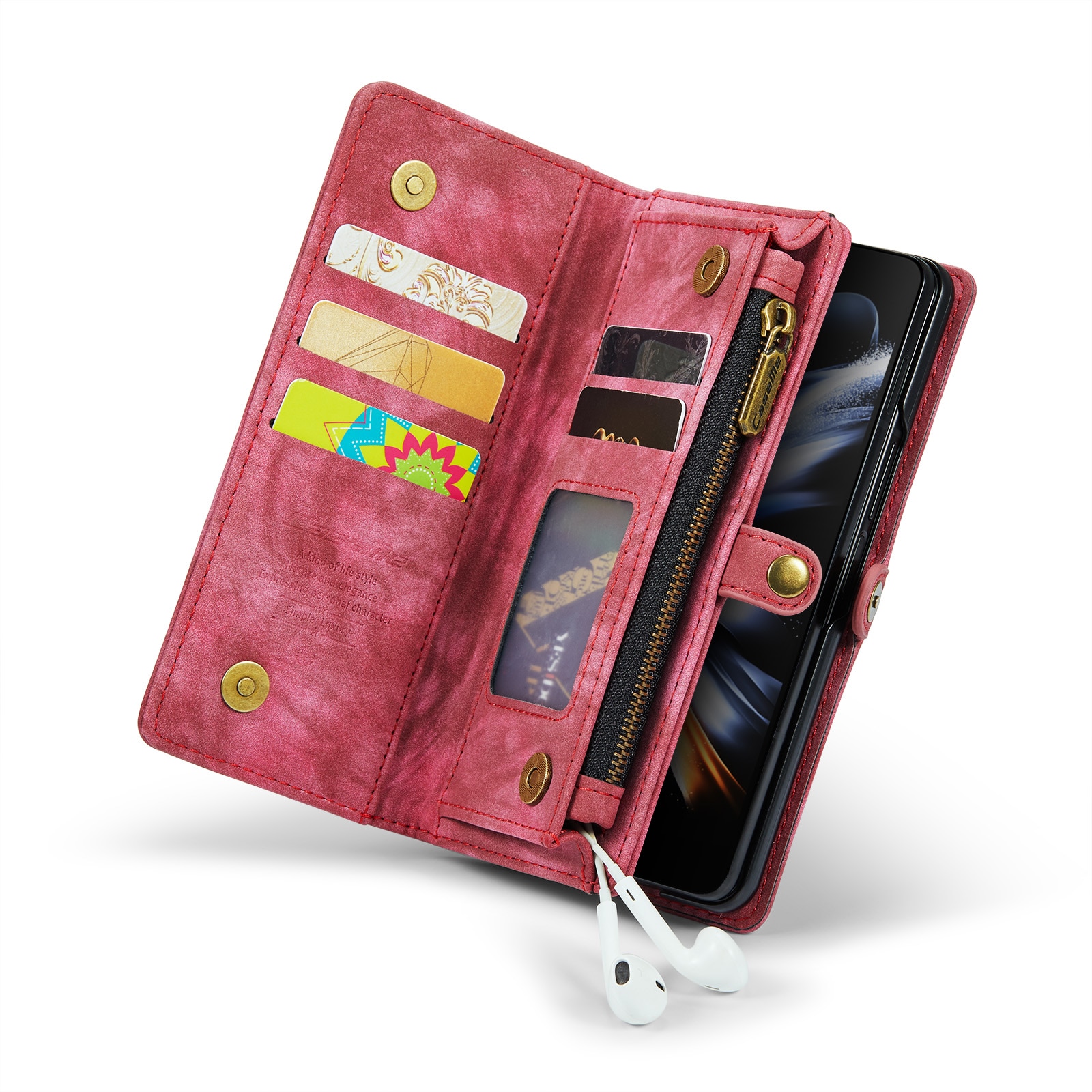 Samsung Galaxy Z Fold 5 Rymligt plånboksfodral med många kortfack, röd