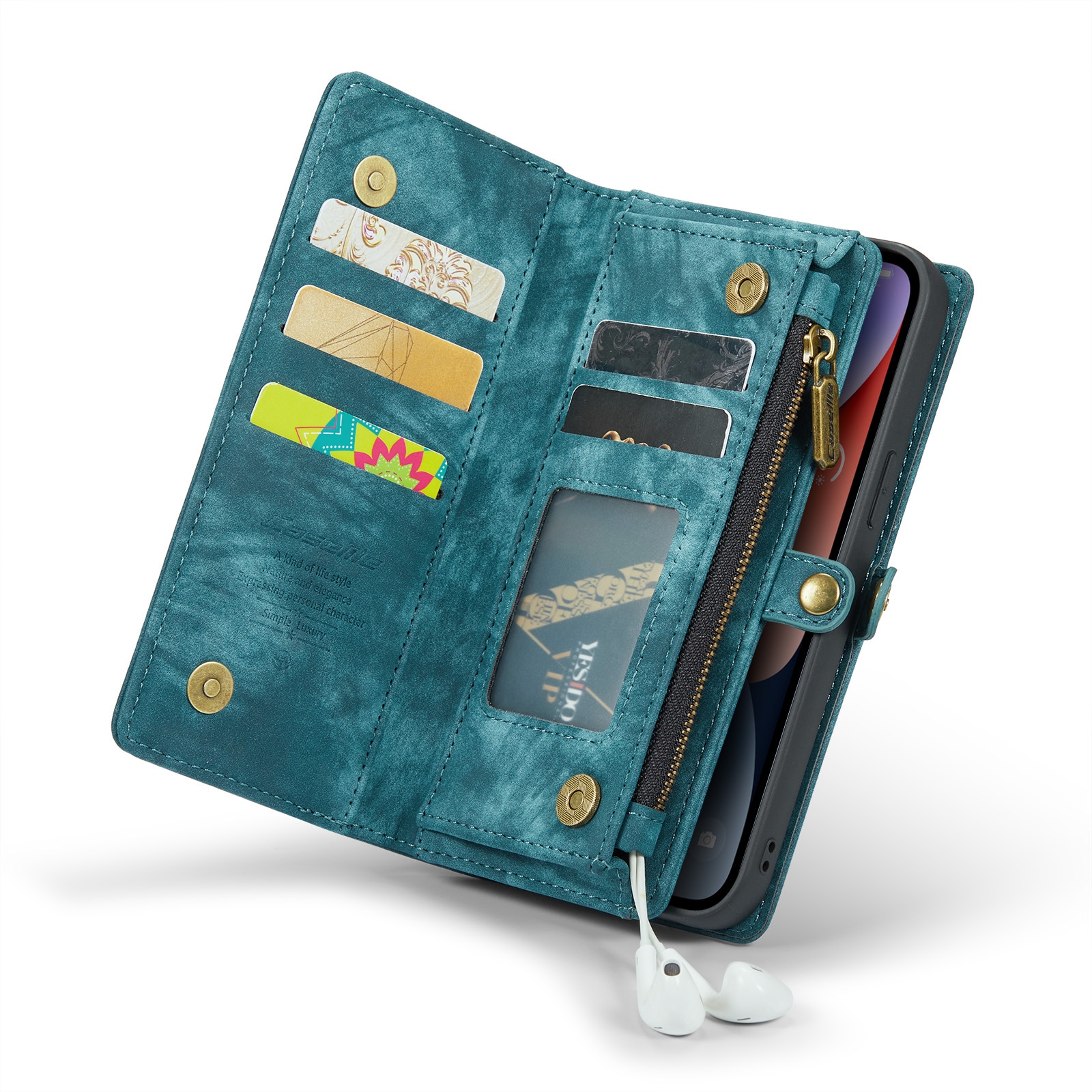 iPhone 14 Rymligt plånboksfodral med många kortfack, blå