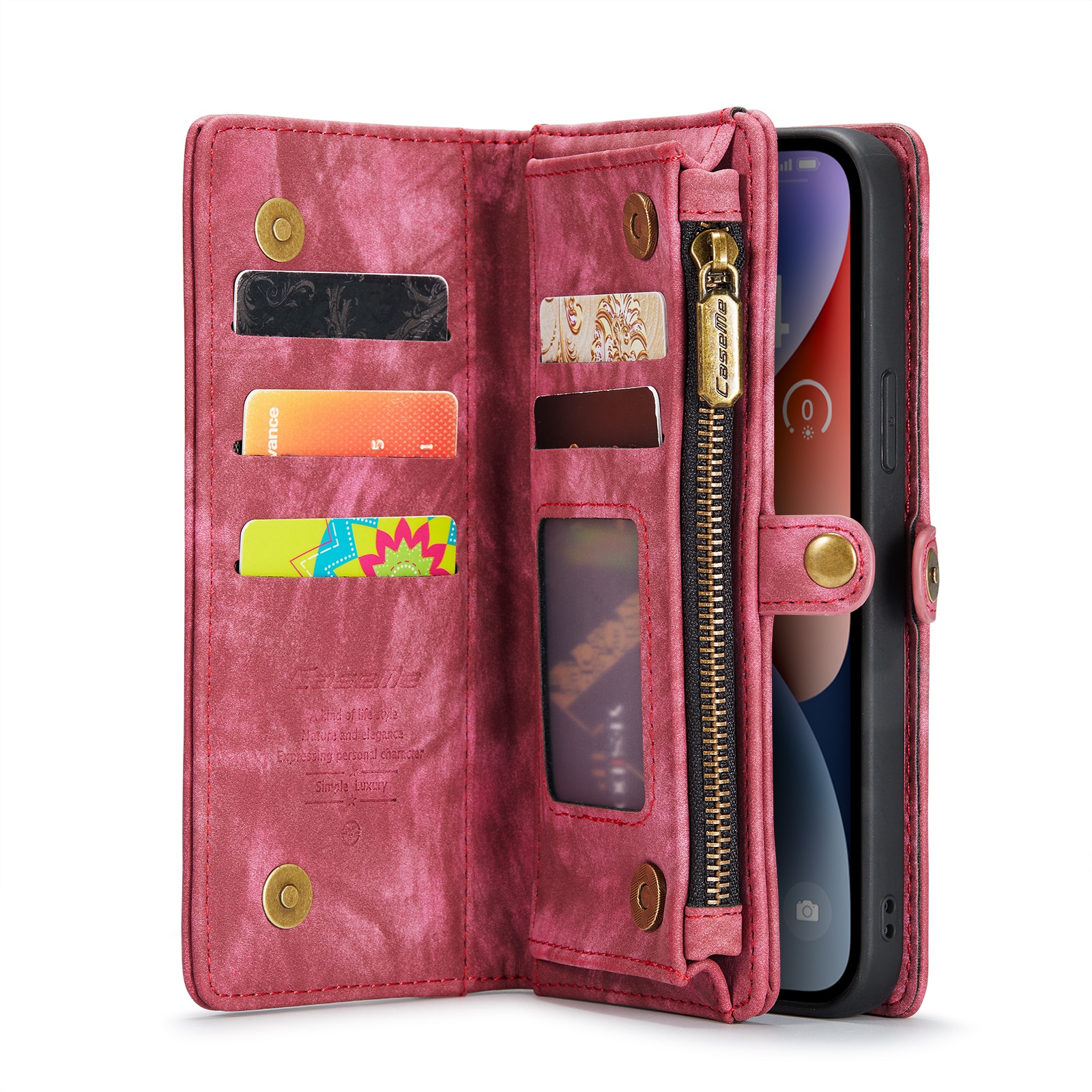 iPhone 14 Rymligt plånboksfodral med många kortfack, röd