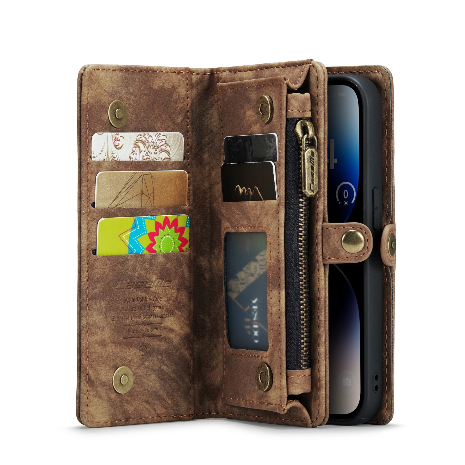 iPhone 14 Pro Max Rymligt plånboksfodral med många kortfack, brun
