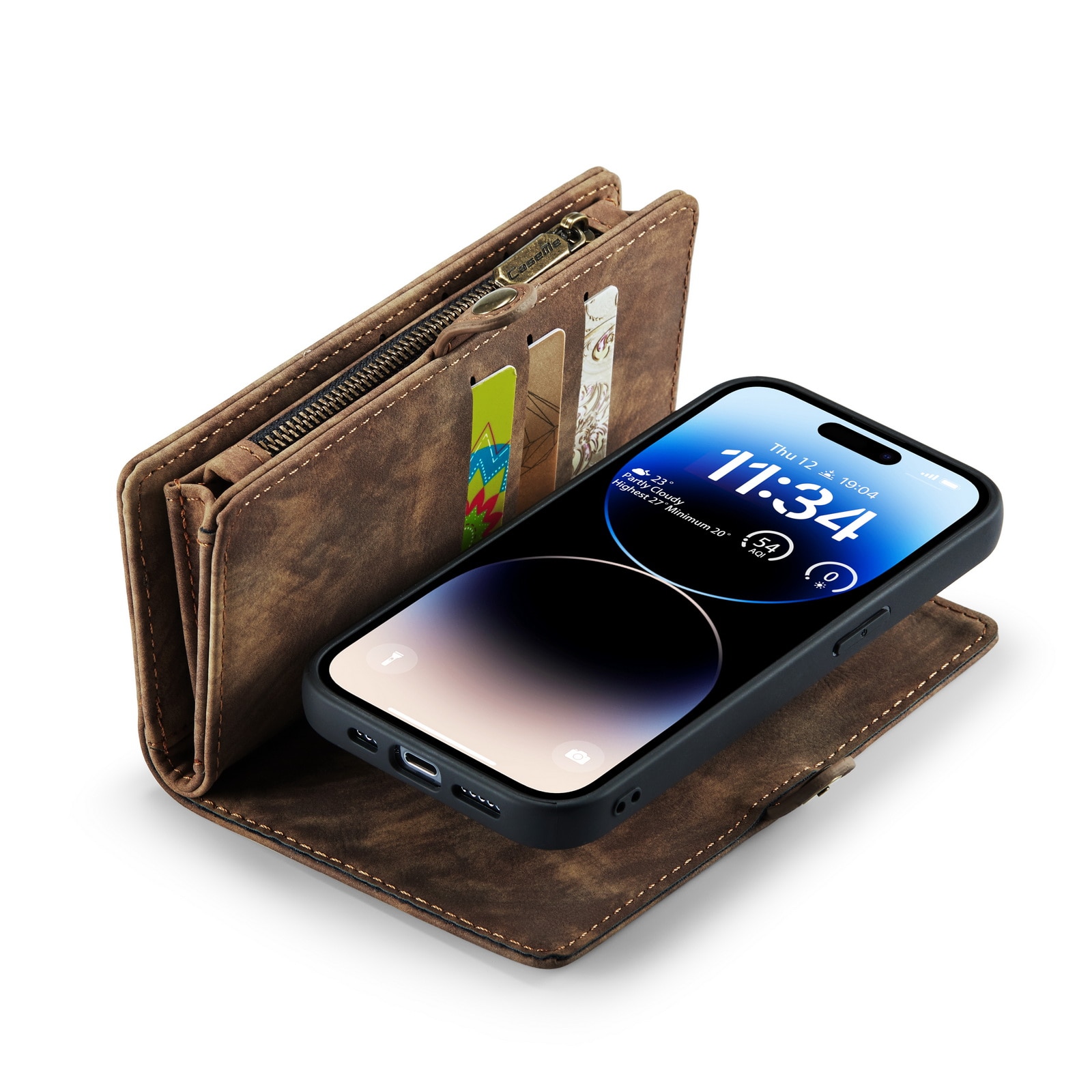 iPhone 14 Pro Rymligt plånboksfodral med många kortfack, brun