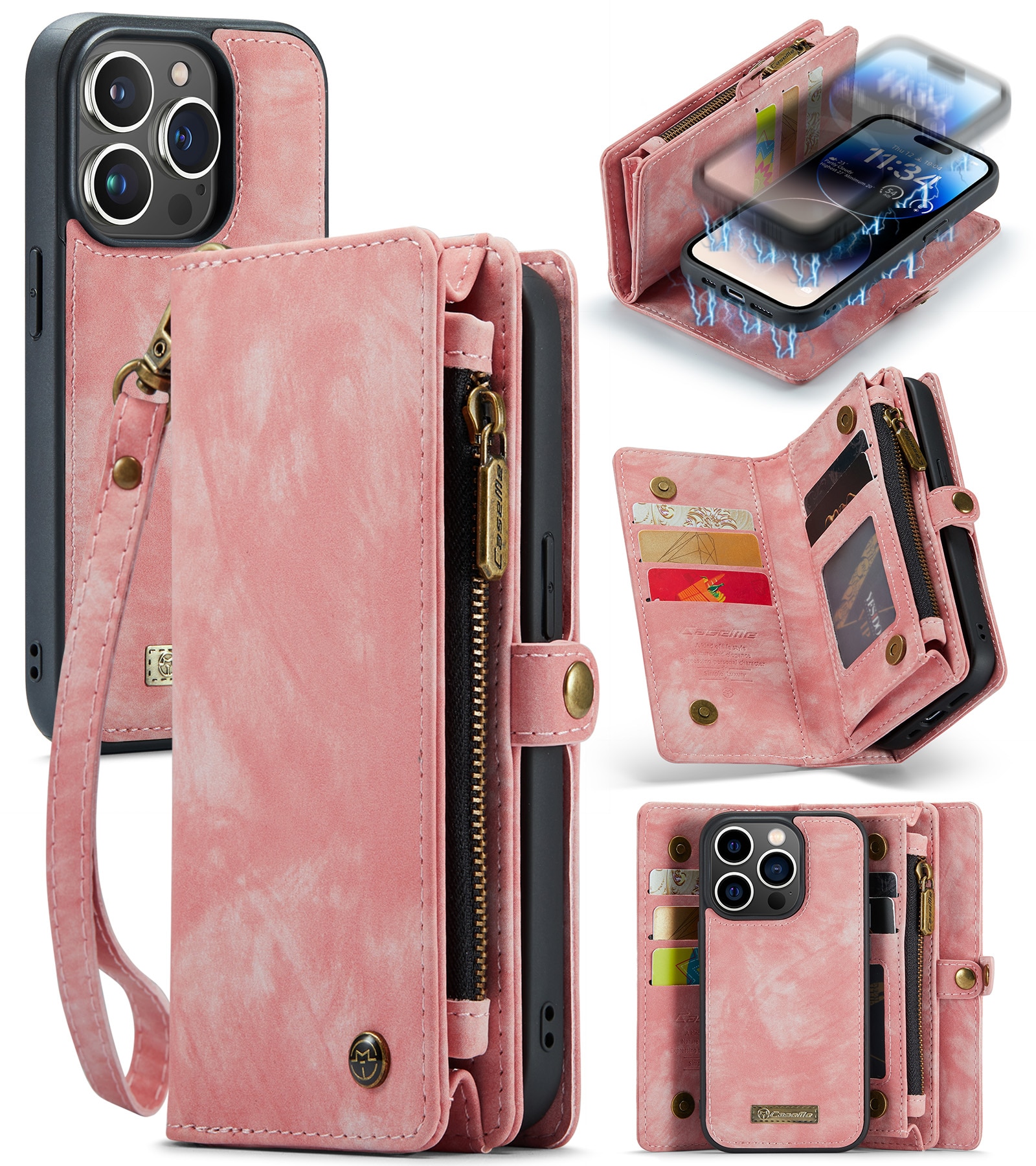 iPhone 14 Pro Max Rymligt plånboksfodral med många kortfack, rosa
