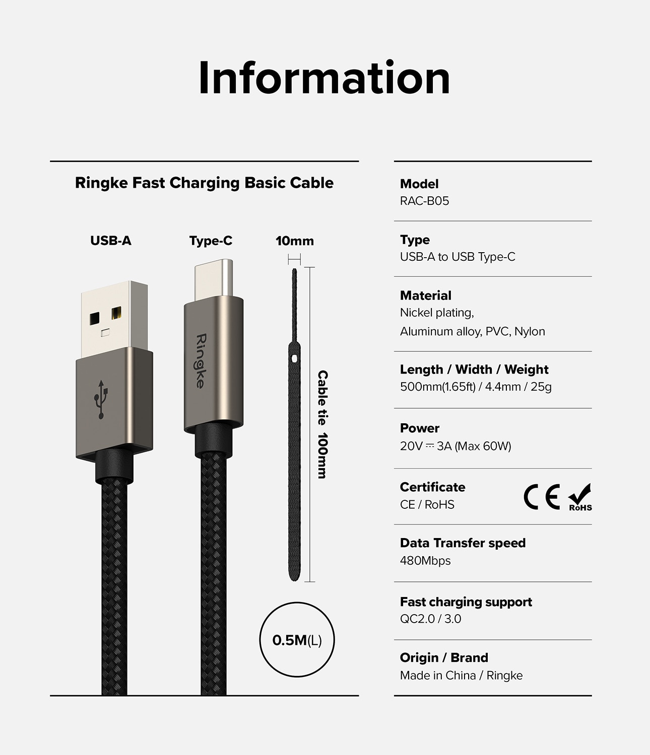 Snabbladdnings Laddningskabel USB-A till USB-C 0,5m, svart