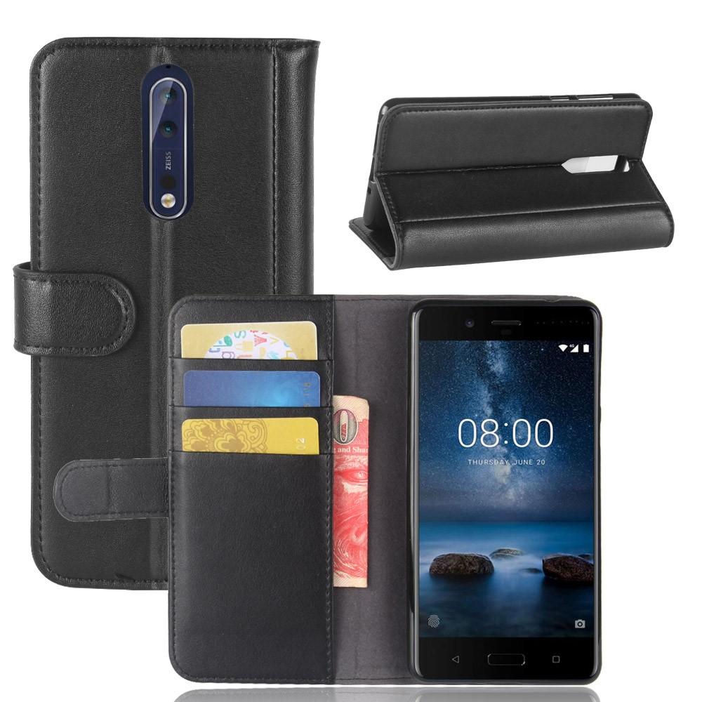 Nokia 8 Plånboksfodral i Äkta Läder, svart
